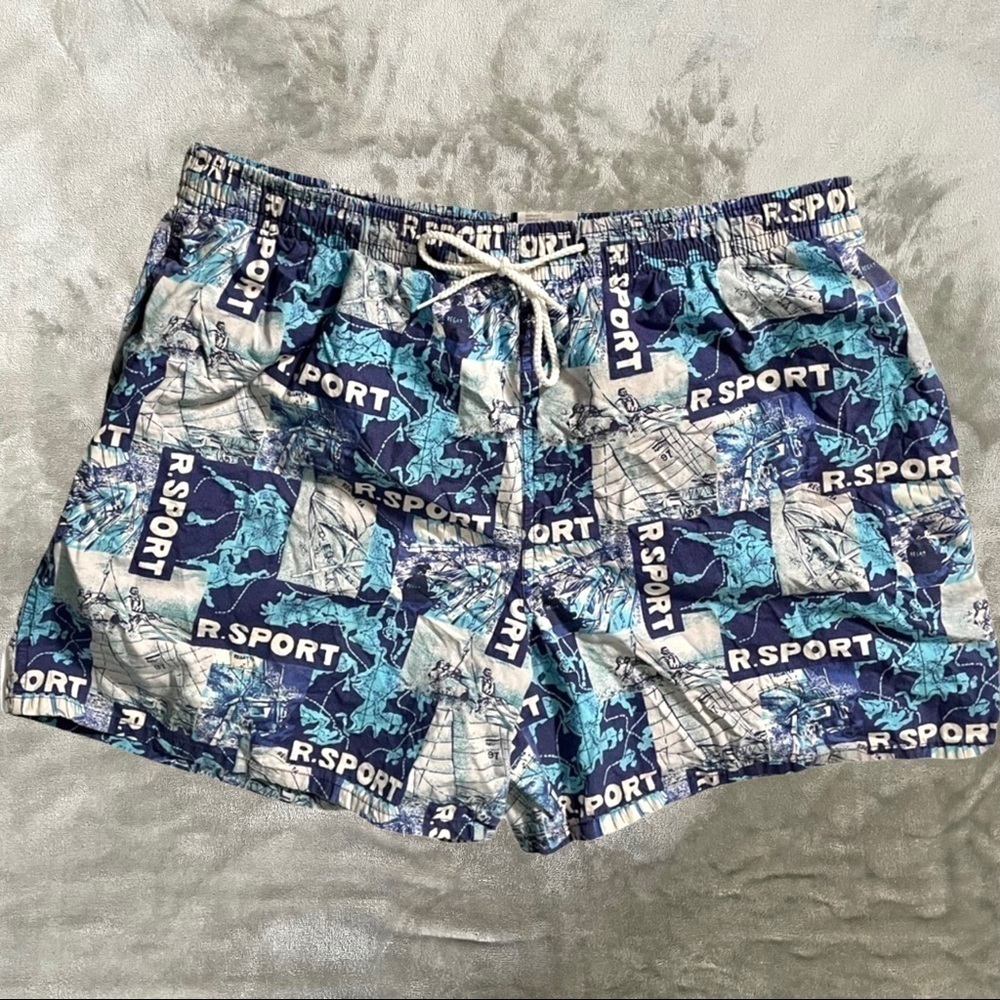 Regatta Sport Vintage Sailing Print Swim Trunks Mesh Liner Blue White Large